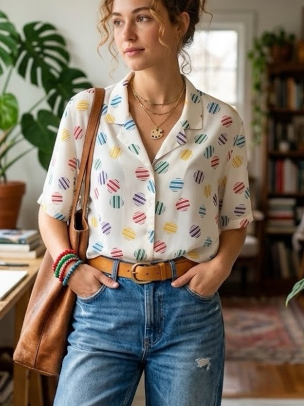 Shapley Vintage Lightweight PolkaDot Colorful Button Down Blouse